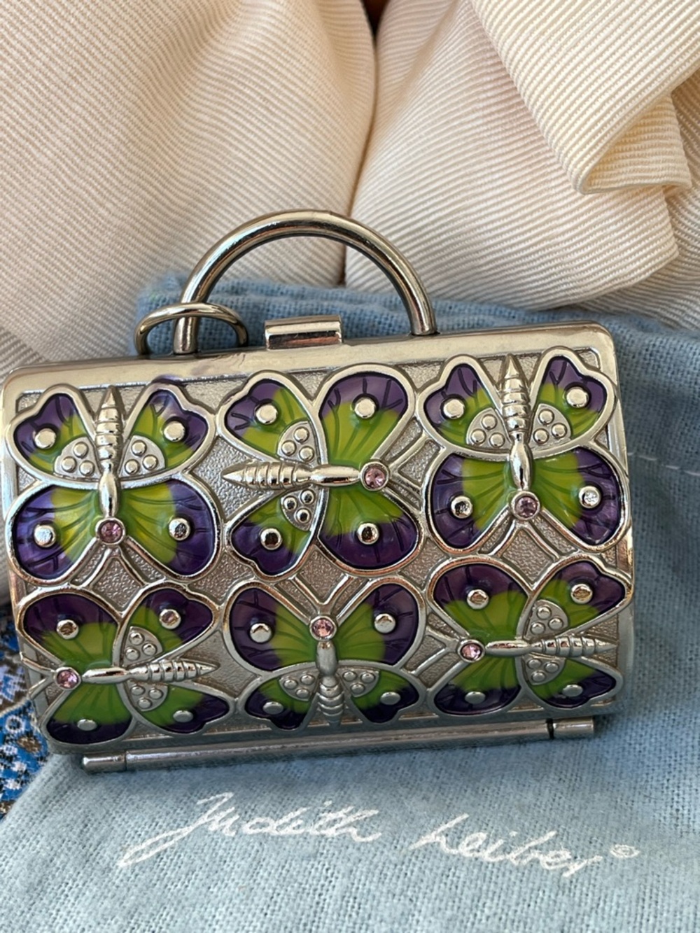 Judith Leiber Purple and Green Butterfly Minaudière Pillbox Trinket Box